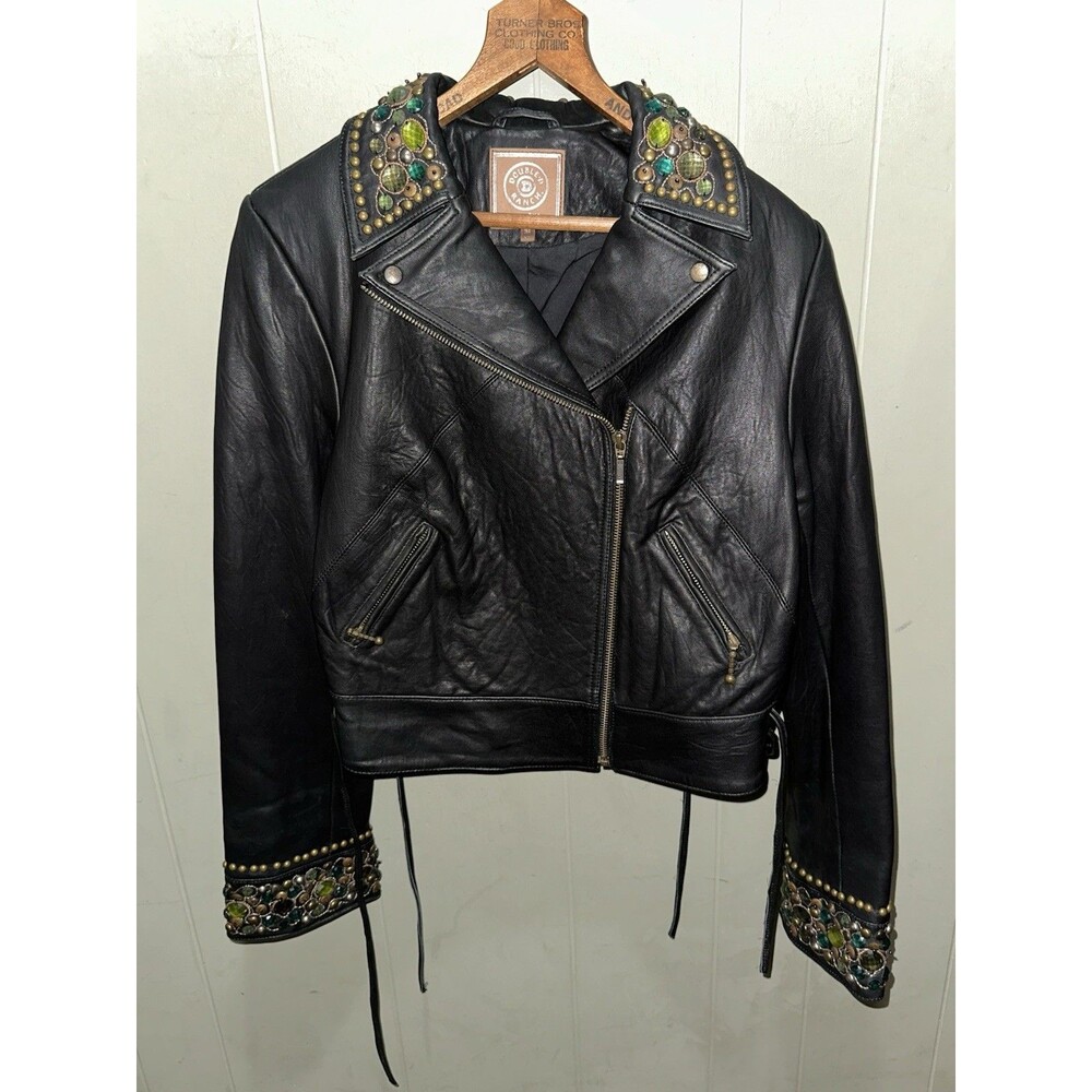Double D Ranch Leather Jacket Rare Bejeweled Coat Womens Medium Western Cross - Picture 1 of 6